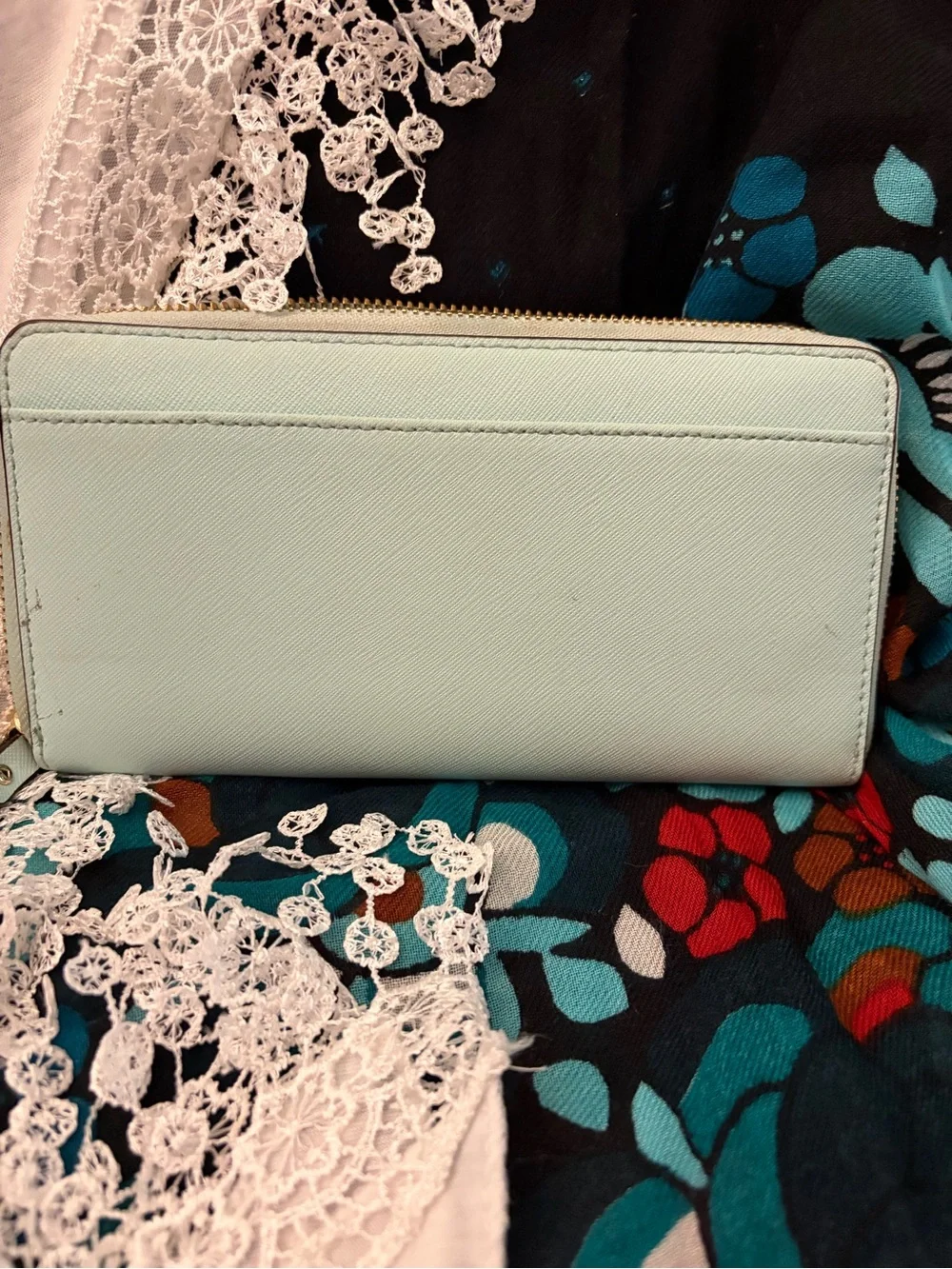 kate spade pale Mint  zip-around wallet with gold logo